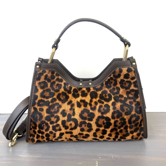 Cheval Firenze Italian Leather Leopard Print Handbag Brown Mobwife Statement NWT - Picture 2 of 9